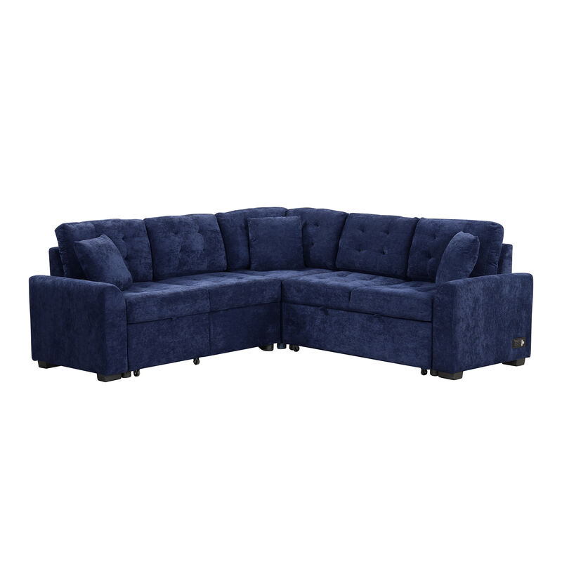 82.6" L-Shape Sofa Bed with USB Ports and Wheels, Navy Blue