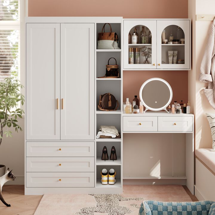 FUFU&GAGA Wardrobe and Vanity Combo with LED Mirror, Gold Handles, and Multiple Storage (74.8" W x 78.7" H x 19.7" D),White