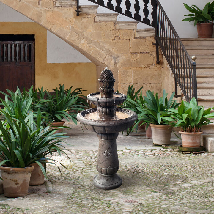 Teamson Home Outdoor Deluxe Pineapple 2-Tier Pedestal Fountain, Carbon Gray