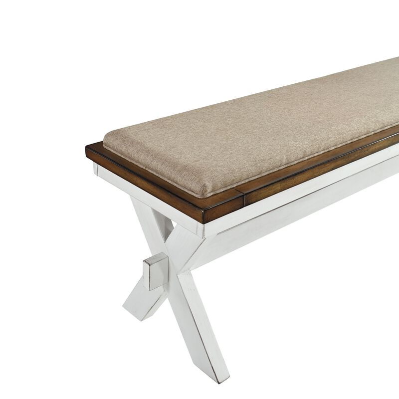 60 Inch Bench, Polyester Upholstery, Crossed Legs, Antique White Finish-Benzara