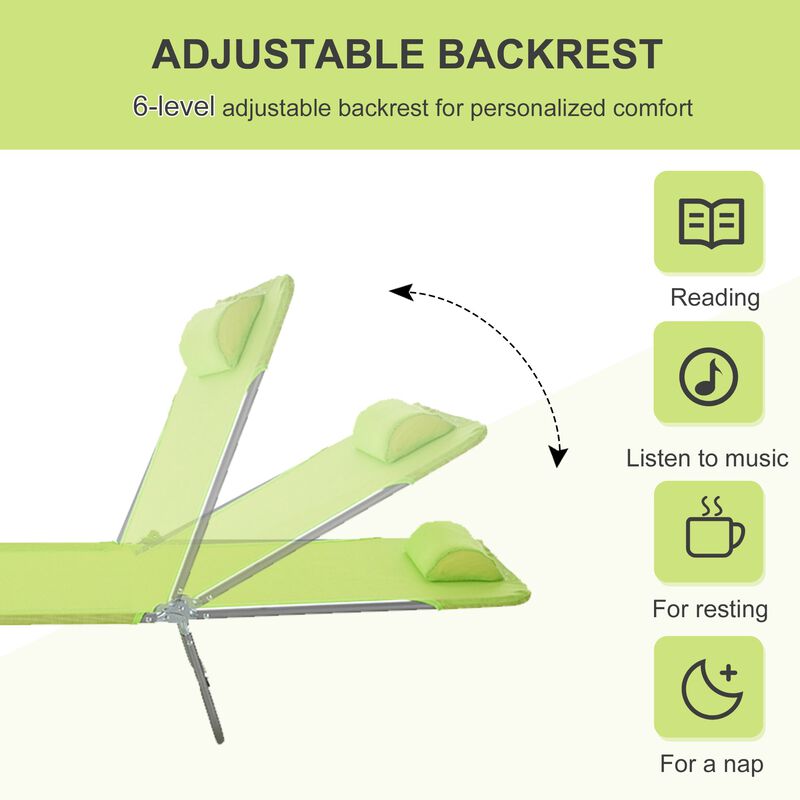 Portable Green Recliner: 6-Level Adjustable Folding Chaise with Pillow