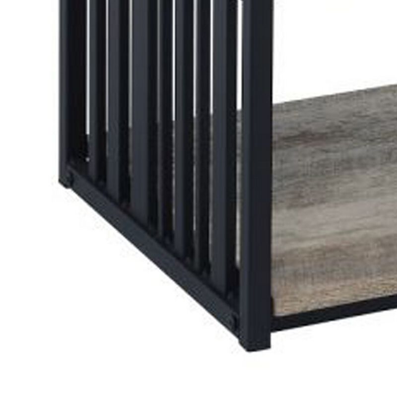 Nori 23 Inch Nightstand, 2 Shelves, Metal Base, MDF, Antique Oak and Black - Benzara