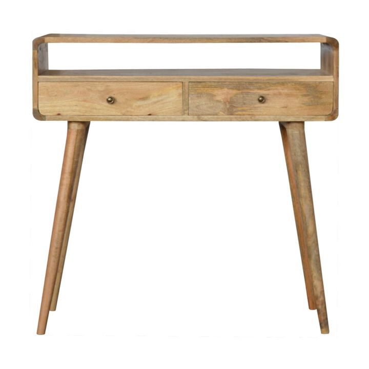 Curved Oak-ish 2 Drawer Solid  Wood Console Table