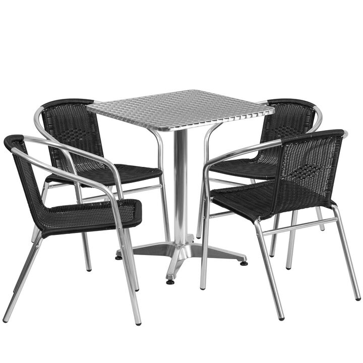 Flash Furniture 23.5'' Square Aluminum Indoor-Outdoor Table Set with 4 Black Rattan Chairs