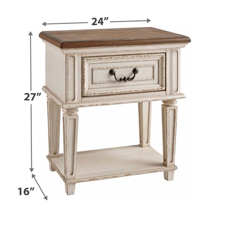 1 Drawer Wooden Frame Nightstand with Tapered Legs, Brown and Antique White-Benzara