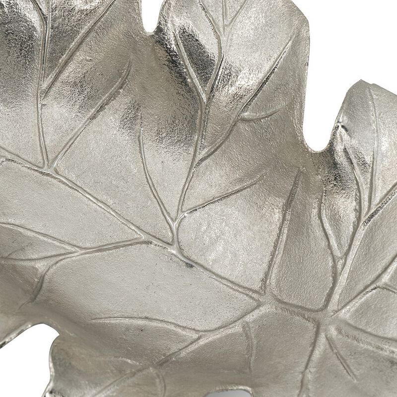 22 Inch Modern Decorative Tray, Oak Leaf Design Striking Silver Metal Frame-Benzara