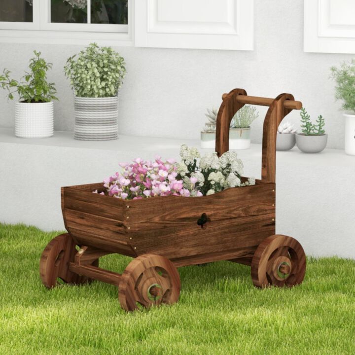 Hivvago Decorative Wooden Wagon Cart with Handle Wheels and Drainage Hole-Rustic Brown