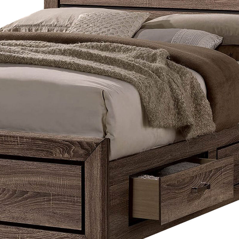 Wooden Queen Size Bed with 4 Spacious Side Rail Drawers, Brown-Benzara