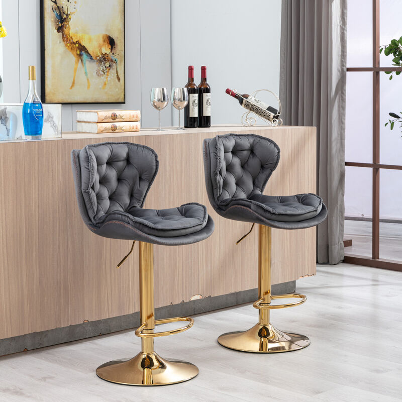 Set of 2 Bar Stools, with Chrome Footrest and Base Swivel Height Adjustable Mechanical Lifting Velvet + Golden Leg Simple Bar Stool-gray