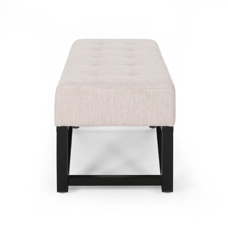 Liba Ottoman Bench, Button Tufted Beige Fabric, Black Frame, 47 Inch - Benzara