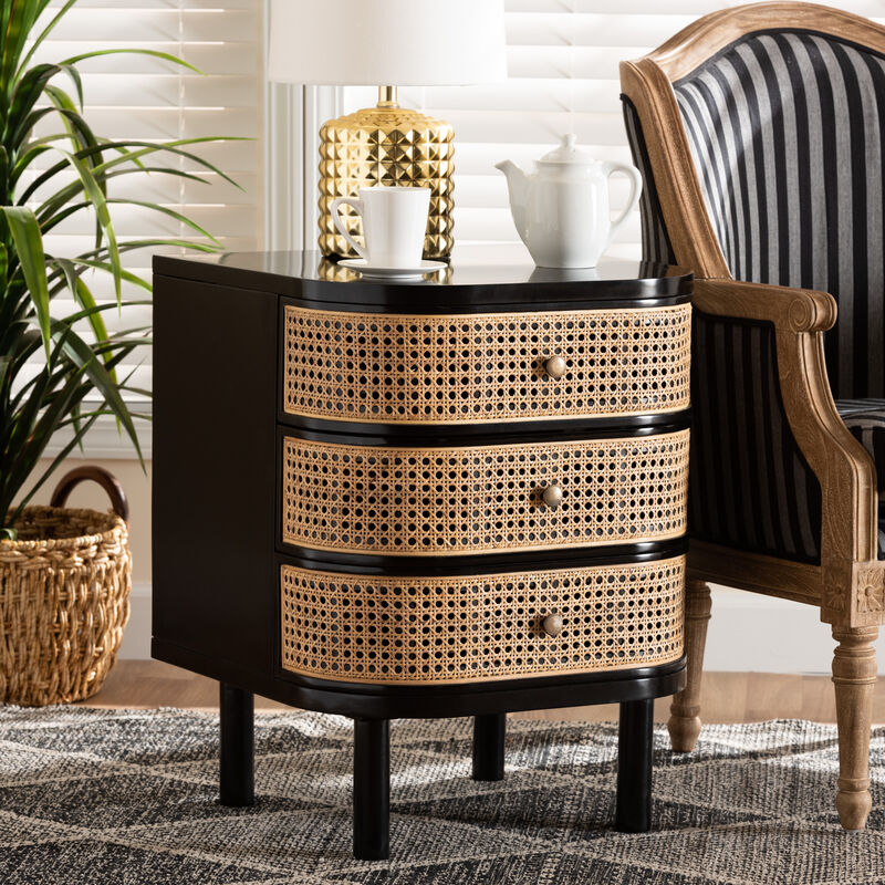 Bali & Pari Nabila Modern Black Bayur Wood and Natural Rattan 3-Drawer End Table Nightstand