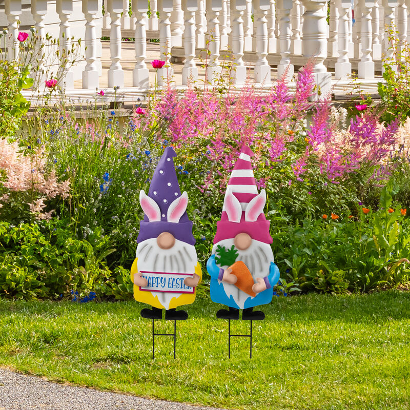 Gnomes with Bunny Ears Easter Outdoor Garden Stakes - 27" - Set of 2