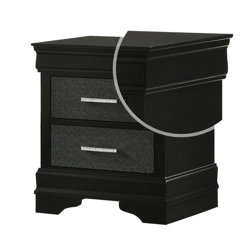 2 Drawer Wooden Nighstand with Horizontal Pull and Studded Accent, Black - Benzara