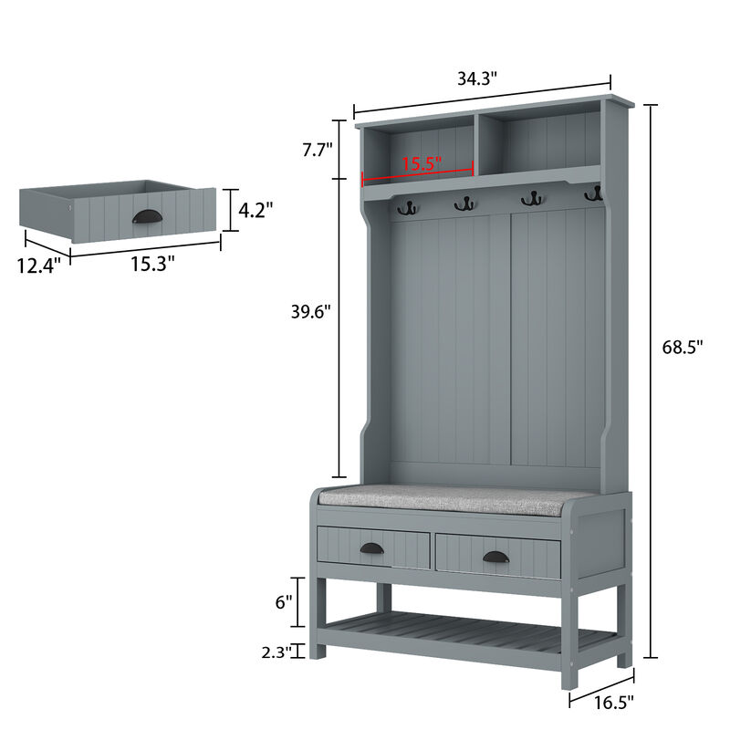 68.5 in. Gray Wood 3-in-1 Hall Tree Coat Rack Storage Bench with 4-Metal Double Hooks and 2-Drawers, Shelves