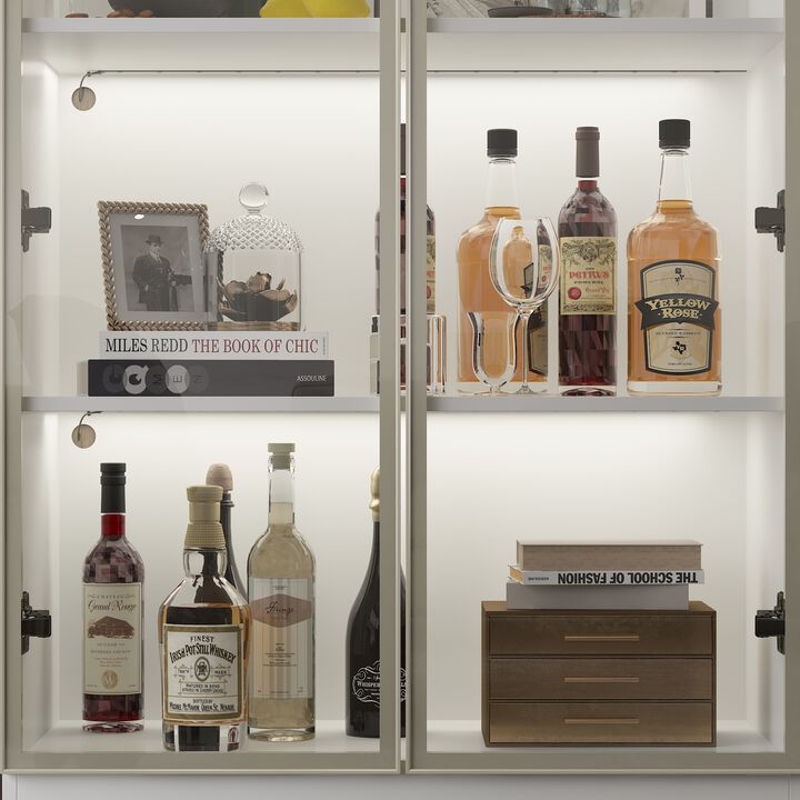 FUFU&GAGA 63 in. Tall White Wood 3-Shelf Bookcase Bookshelf With 3-Color LED Lights and Tempered Glass Doors,(31.5" W x 63" H x 15.7" D), White