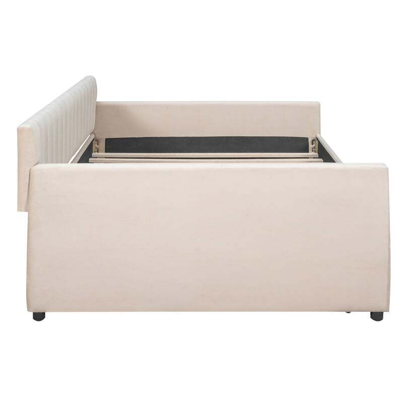 Upholstered Daybed with Trundle and Wood Slat Support