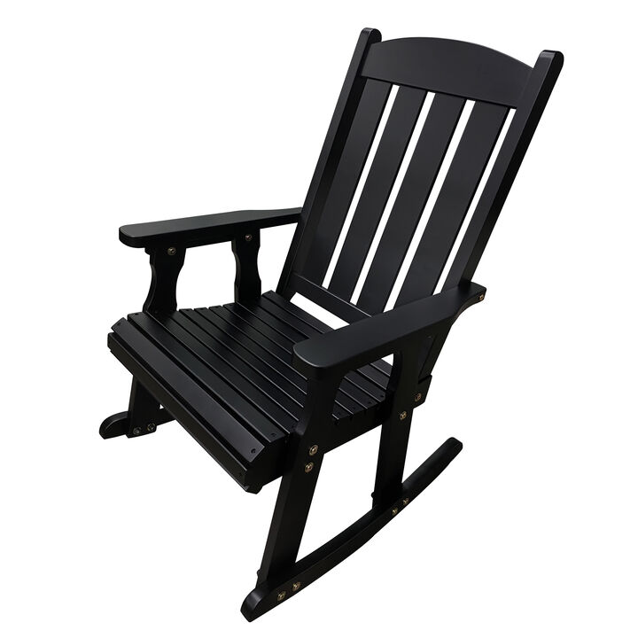 Wooden Rocking Chair with Comfortable Backrest Inclination, High Backrest and Deep Contoured Seat, Solid Fir Wood, Heavy Duty 600 LBS, for Both Outdoor and Indoor, Backyard, Porch and Patio Black