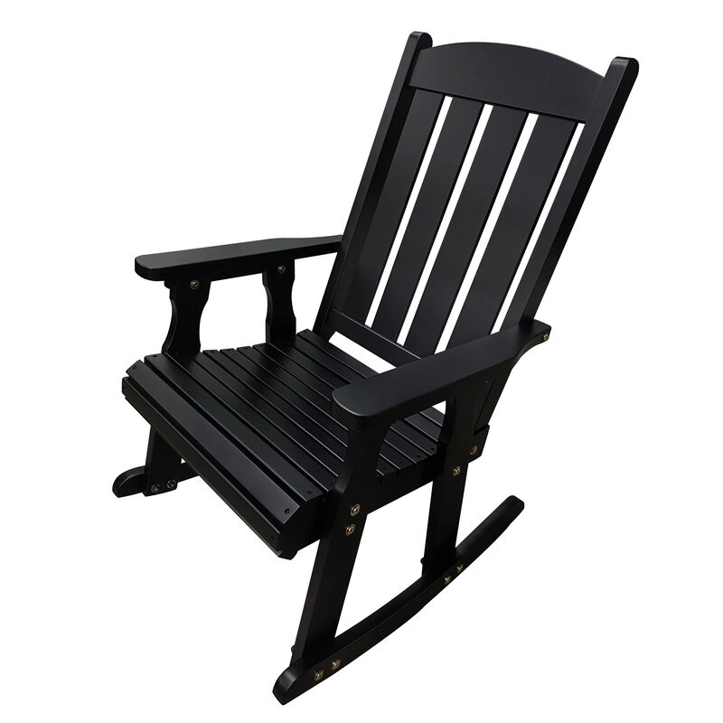 Wooden Rocking Chair with Comfortable Backrest Inclination, High Backrest and Deep Contoured Seat, Solid Fir Wood, Heavy Duty 600 LBS, for Both Outdoor and Indoor, Backyard, Porch and Patio Black