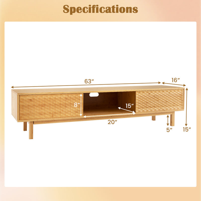 63 Inches Mid Century Modern Wicker TV Stand with Sliding Doors-Natural