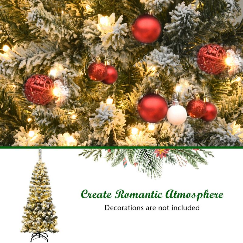 Pre-Lit Snow Flocked Pencil Christmas Tree for Festive, Space-Saving Holiday Decor with a Snowy Look