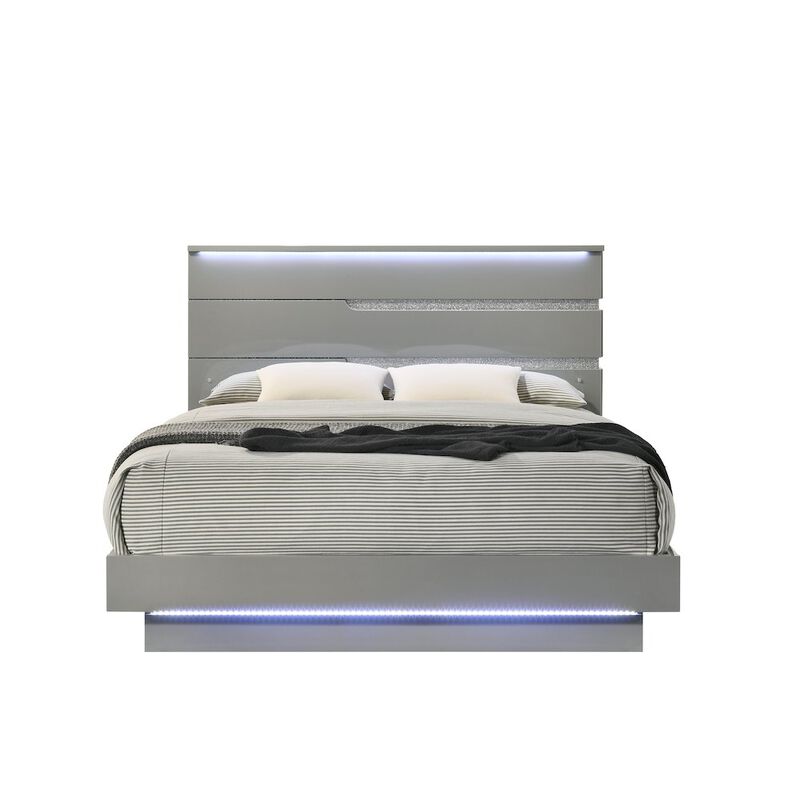 New Classic Furniture Paradox Lighted Headboard Wood Queen Bed, Gray