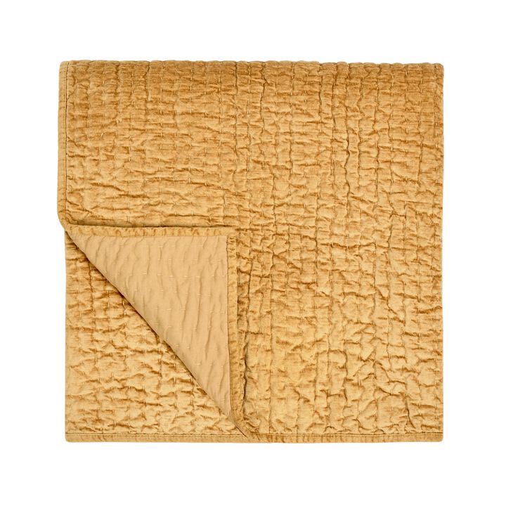 Romie King Kantha Quilt, Hand-Stitched Honey Gold Rayon Velvet, Cotton - Benzara