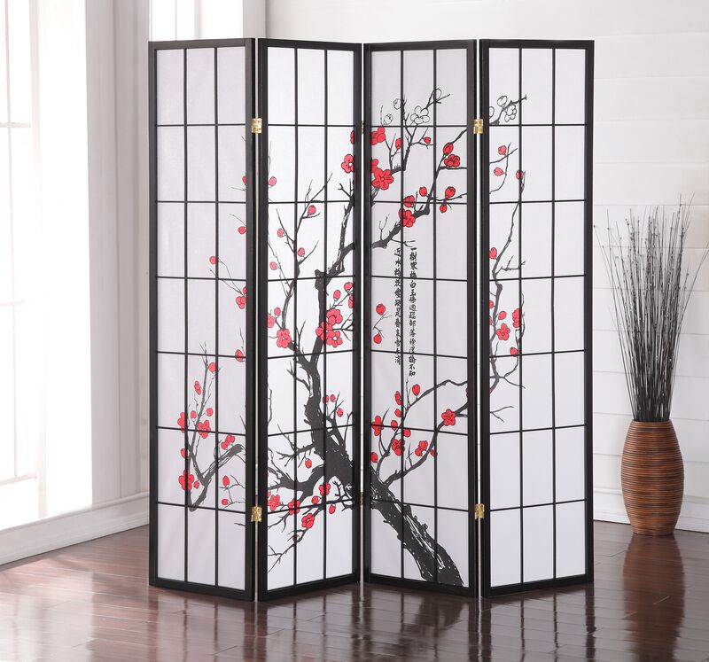 Streamdale Black Japanese 4-Panel Screen Room Divider, Plum Blossom