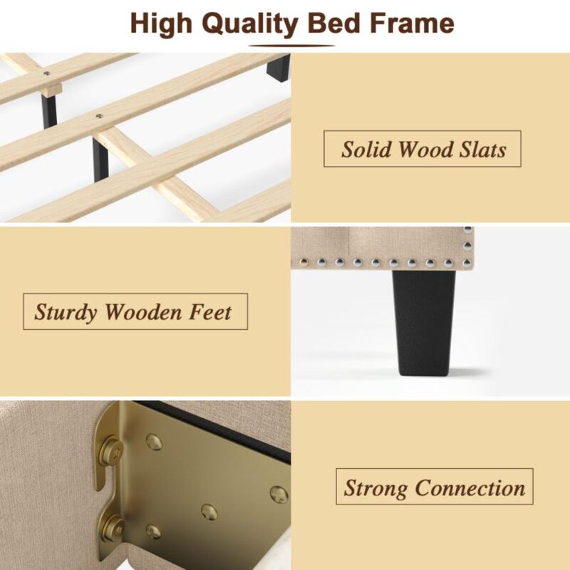 Hivvago Heavy Duty Upholstered Bed Frame with Rivet Headboard