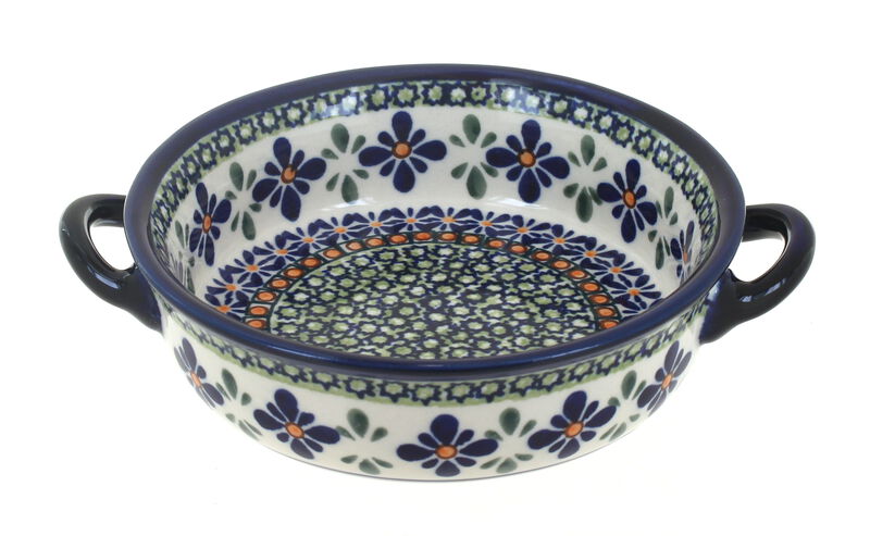 Blue Rose Polish Pottery Mosaic Flower Small Baker with Handles