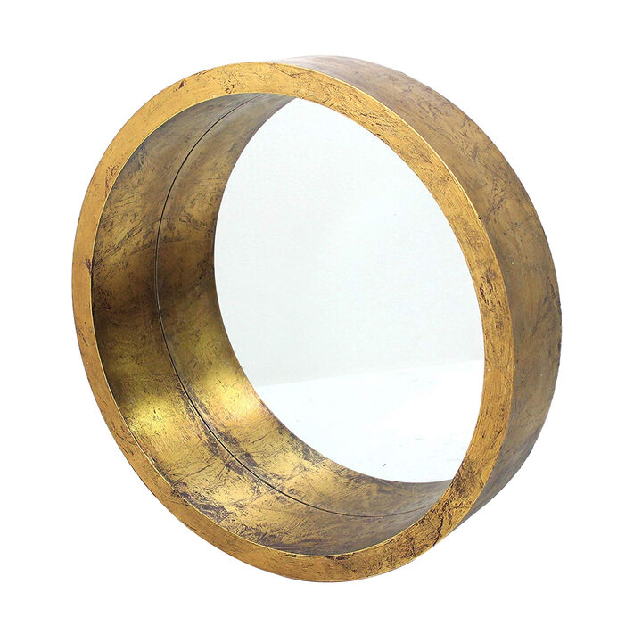 Rustic Style Wall Mirror with Round Tray Shape Frame, Gold and Silver-Benzara