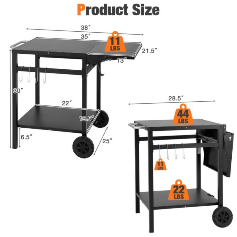 Hivvago Movable Outdoor Grill Cart with Folding Tabletop and Hooks-Black