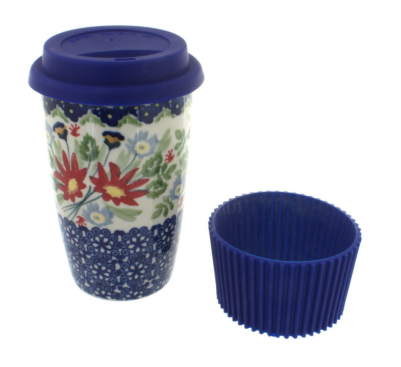 Blue Rose Polish Pottery Sage Floral Travel Coffee Mug