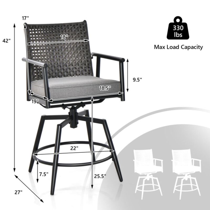 Hivvago 360 Degree Swivel Bar Stool Set of 2 with Metal Frame and PE Rattan Backrest-Black