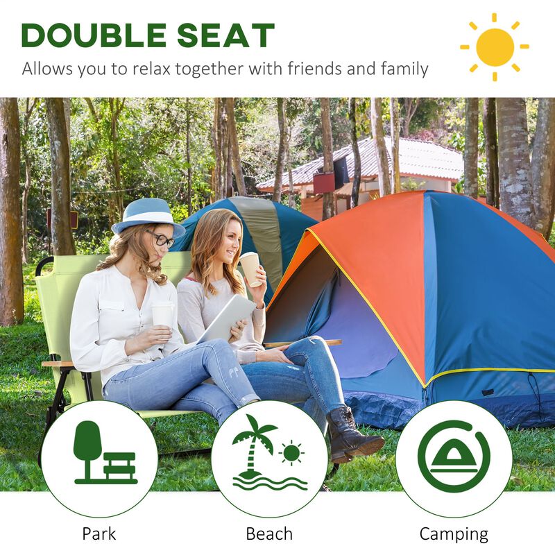 Green Portable Seating: Folding Double Camping Chair with Cup Holders