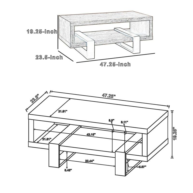 Modern Driftwood Open Shelf Coffee Table, Gray and Black - Benzara