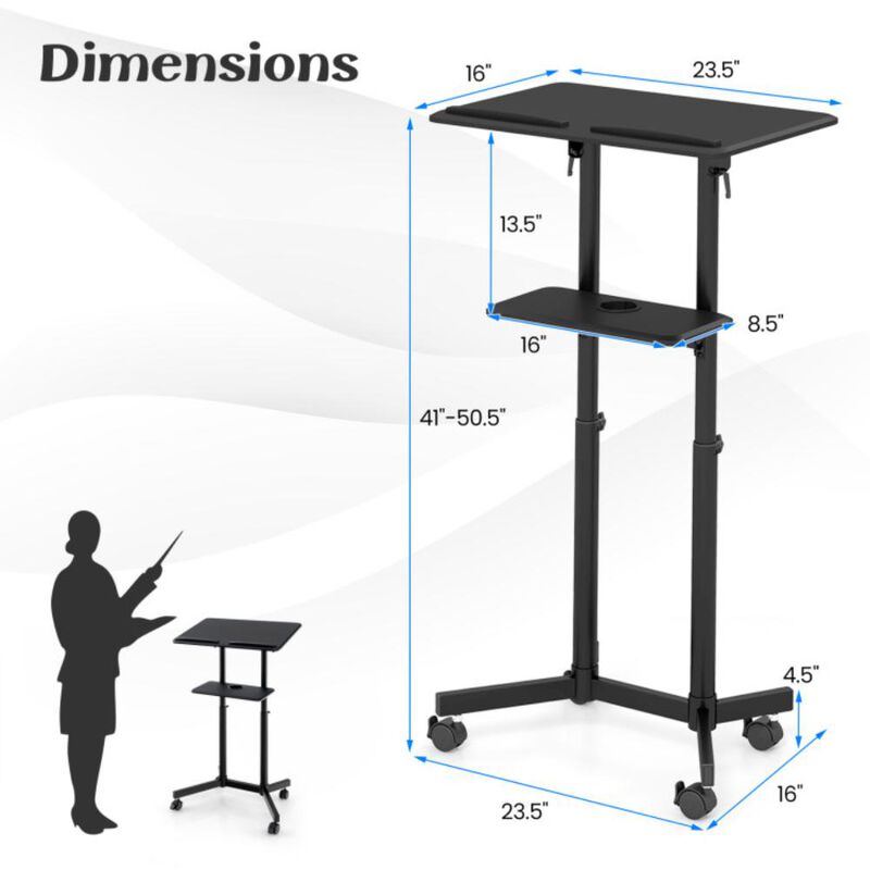 Hivvago Mobile Lectern Podium Height-adjustable Rolling Laptop Cart with Tilting Top Storage Tray