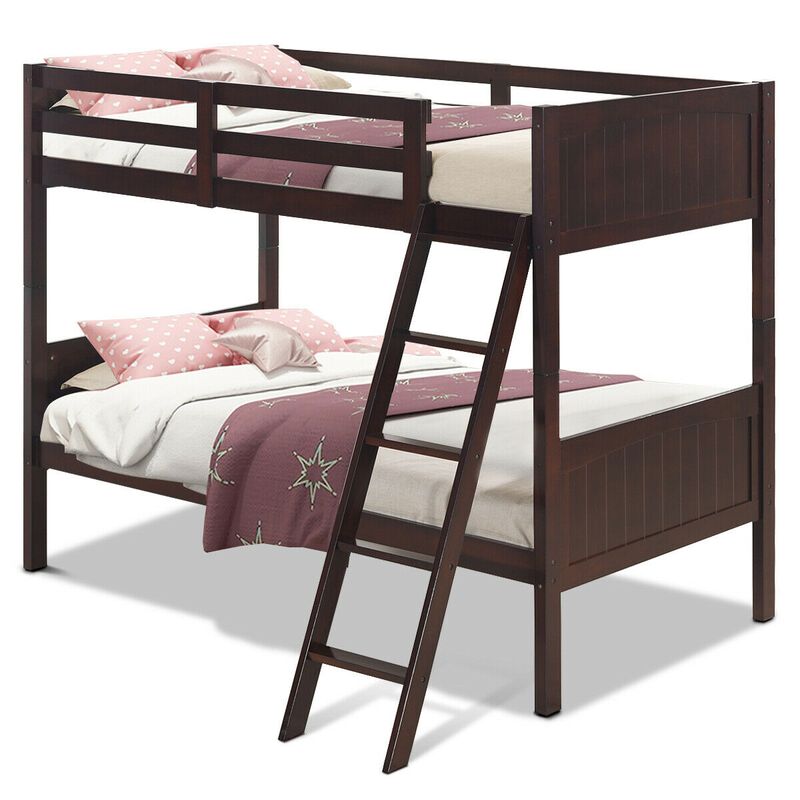 Wooden Twin Over Twin Bunk Bed Frames with Ladder and Safety Rail