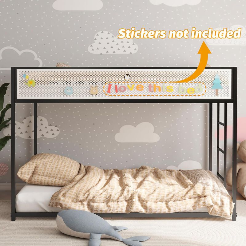 Twin Over Full Bunk Metal Bed Frame with Mesh Guard Rail, Removable Ladder, Noise-Reducing EVA Pad for Kids Bedrooms, Black
