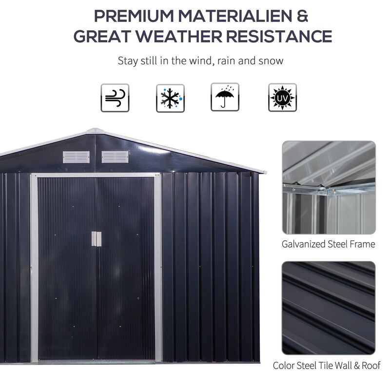 Dark Gray Garden Vault: 11'x9' Metal Storage Shed with Sliding Doors