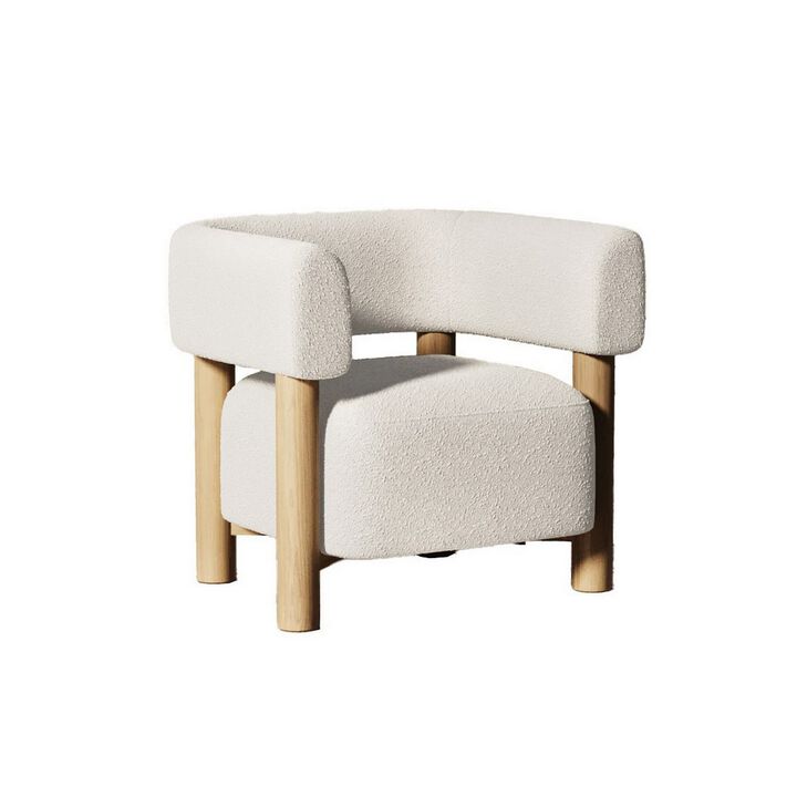 31 Inch Accent Chair, Modern Brown Wood Frame, White Fabric Upholstery - Benzara