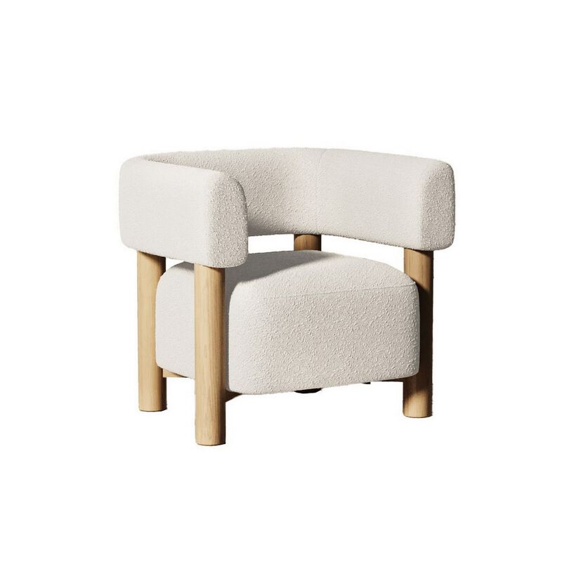 31 Inch Accent Chair, Modern Brown Wood Frame, White Fabric Upholstery - Benzara