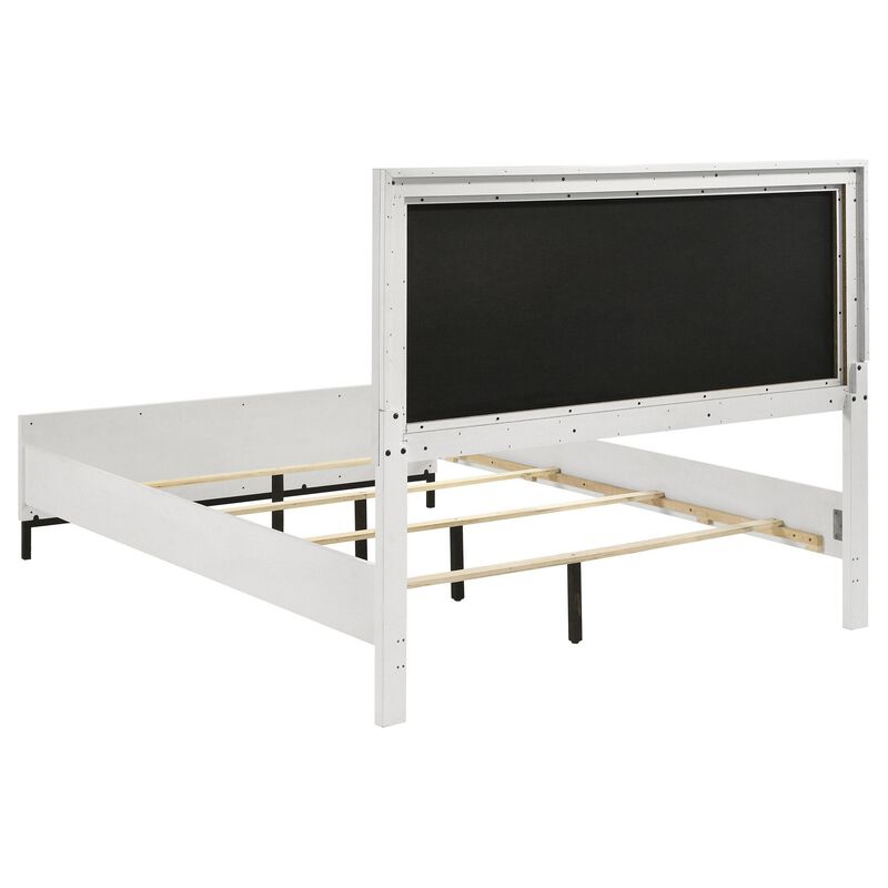 Noro Queen Size Bed, White Melamine, Hexagonal Tufted Upholstery - Benzara
