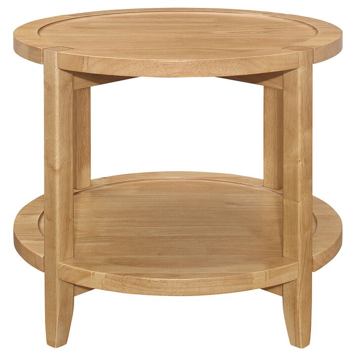 Camilia Side End Table, 23 Inch Round Top, 1 Shelf, Natural Brown - Benzara