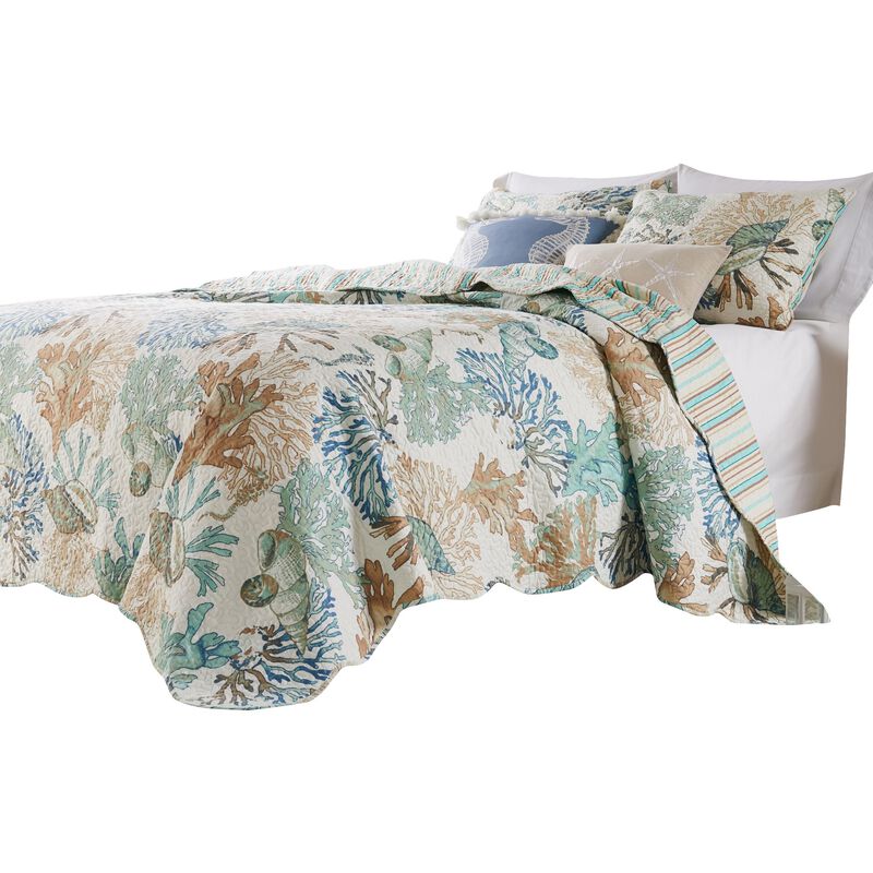 Wade 3pc King Size Quilt Set, Sham, Jade Blue Coastal Microfiber Cotton