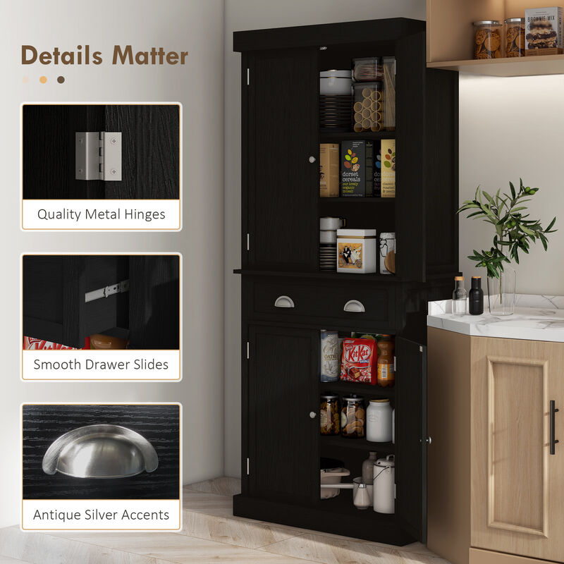 72" H Colonial Kitchen Pantry Freestanding Storage Cabinet Black
