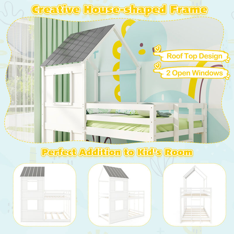 Wooden Bunk Bed with Full-length Safety Guardrail and Ladder