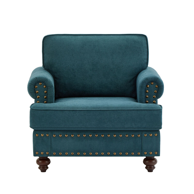 Green Chenille Sectional Sofa with Brown Legs