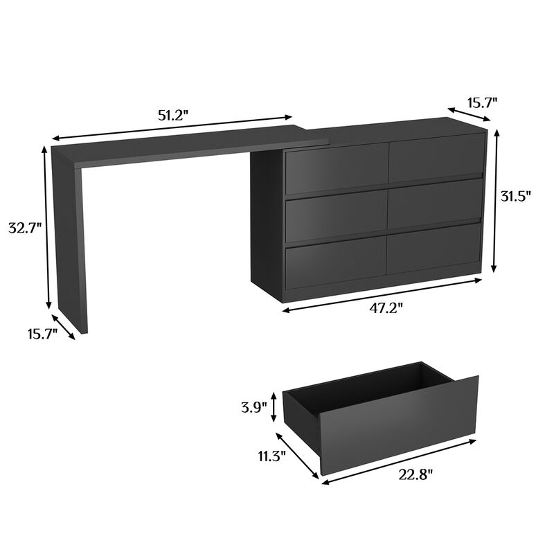 6-Drawer L-Shaped Dresser in Black with Rotatable Desk 47.2 in. W x 51.2 in. D x 32.7 in. H
