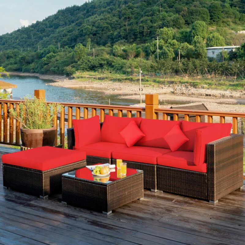 Hivvago 5 Pcs Outdoor Patio Rattan Furniture Set Sectional Conversation with Navy Cushions