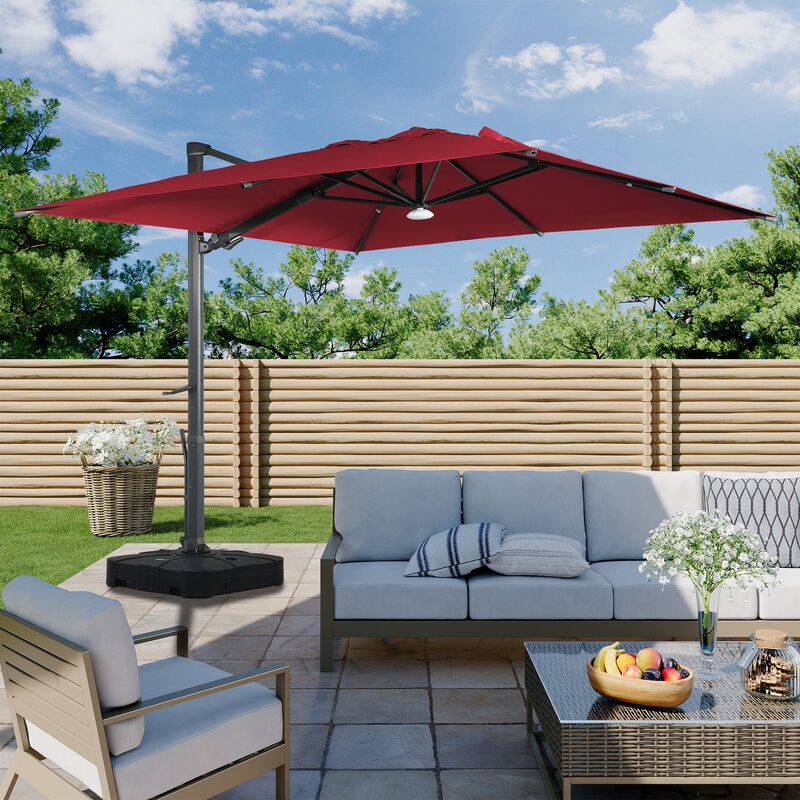 10 ft 360° Rotation Square Cantilever Patio Umbrella with BaseandBT in Red